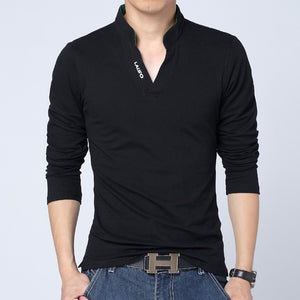 Big Size S-5XL Mens Fashion Boutique Cotton Leisure Stand Collar Long Sleeve POLO Shirts Male Pure Color V-neck POLO Shirts | TageUnlimited