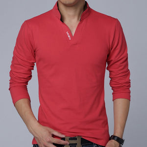 Big Size S-5XL Mens Fashion Boutique Cotton Leisure Stand Collar Long Sleeve POLO Shirts Male Pure Color V-neck POLO Shirts | TageUnlimited