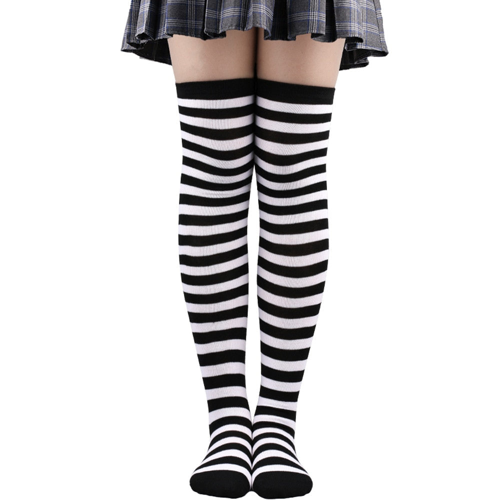Women Thigh High Over The Knee Socks For Girls Black White Striped Stockings Long Slouch Socken Kawaii Knit Leg Warmers Soks | TageUnlimited