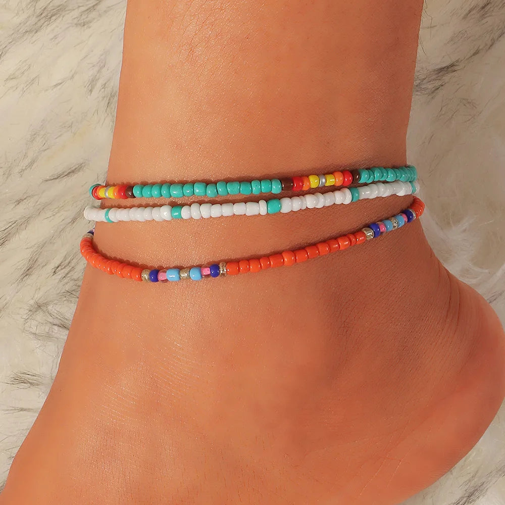 3pcs/set Bohemian Colorful Beaded Beads Anklets For Women Summer Ocean Beach Handmade Ankle Bracelet Foot Leg Beach Jewelry Gift