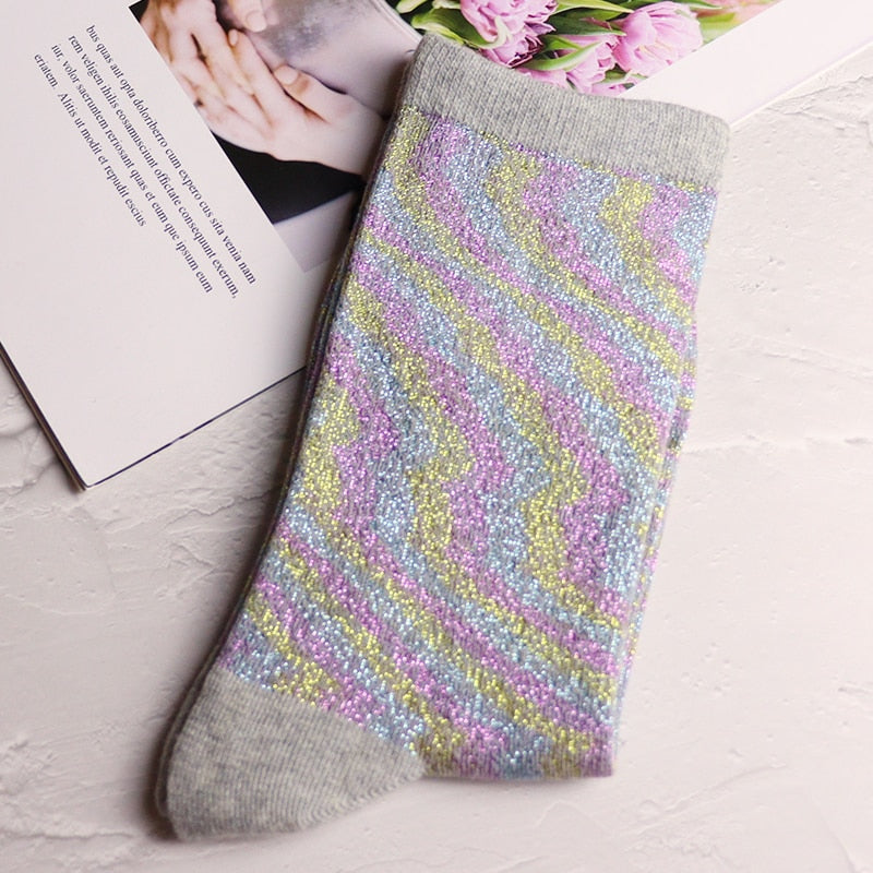 1 pair of gold and silver glitter fashion women's socks summer thin trendy breathable cool socks Korean style personality socks | TageUnlimited