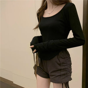 Women Long Sleeve Square Neck T-Shirt Spring And Autumn New Irregular Hem Slim Casual Top Girl Bottom Shirts | TageUnlimited