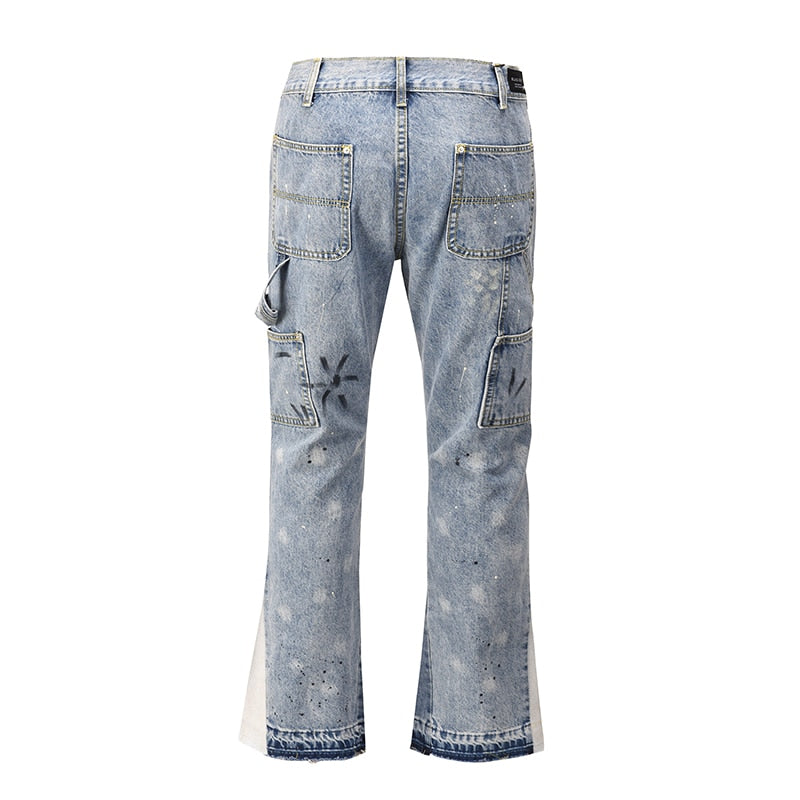 High Street Color Block Spliced Washed Jeans Mens Oversize Wide Leg Straight Denim Flare Pants Retro Loose Casual Trousers | TageUnlimited