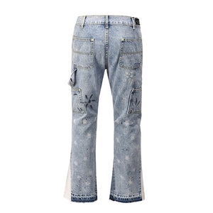 High Street Color Block Spliced Washed Jeans Mens Oversize Wide Leg Straight Denim Flare Pants Retro Loose Casual Trousers | TageUnlimited