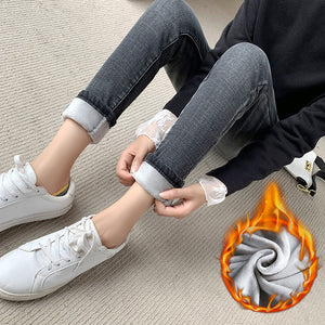 Winter Thick Velvet Women High Waist Skinny Jeans Simple Fleece Warm Slim fit Stretch Ladies Casual Denim Pencil Pants | TageUnlimited