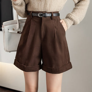 Seoulish New Corduroy Women Cargo Shorts with Belted Autumn Winter High Waist Wide Leg Shorts Vintage Female Trousers | TageUnlimited