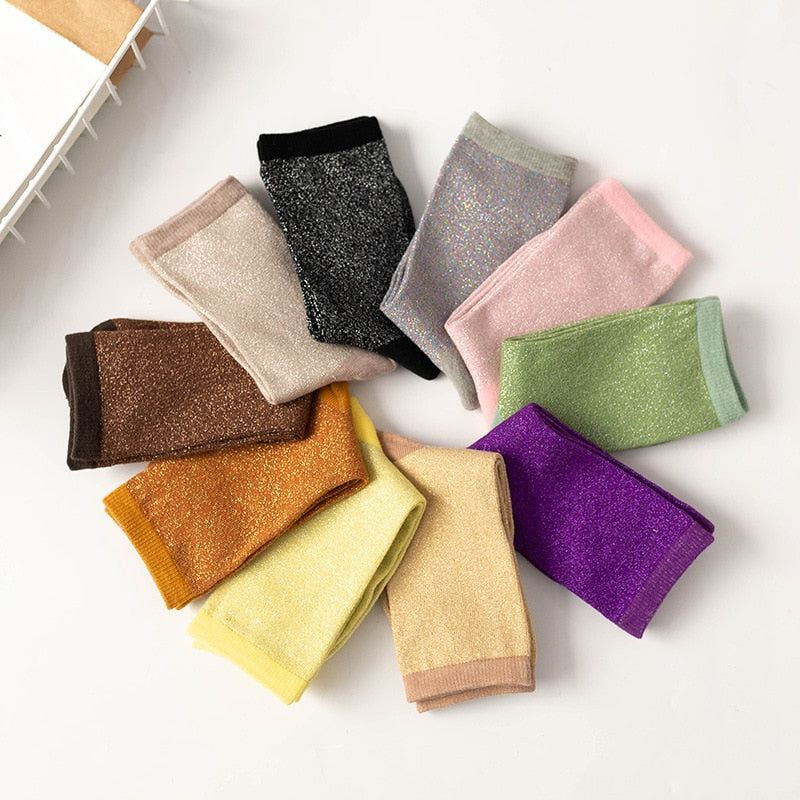 Women's style gold and silver silk material women's fashion socks solid color glitter shiny high elastic fashionable sock | TageUnlimited