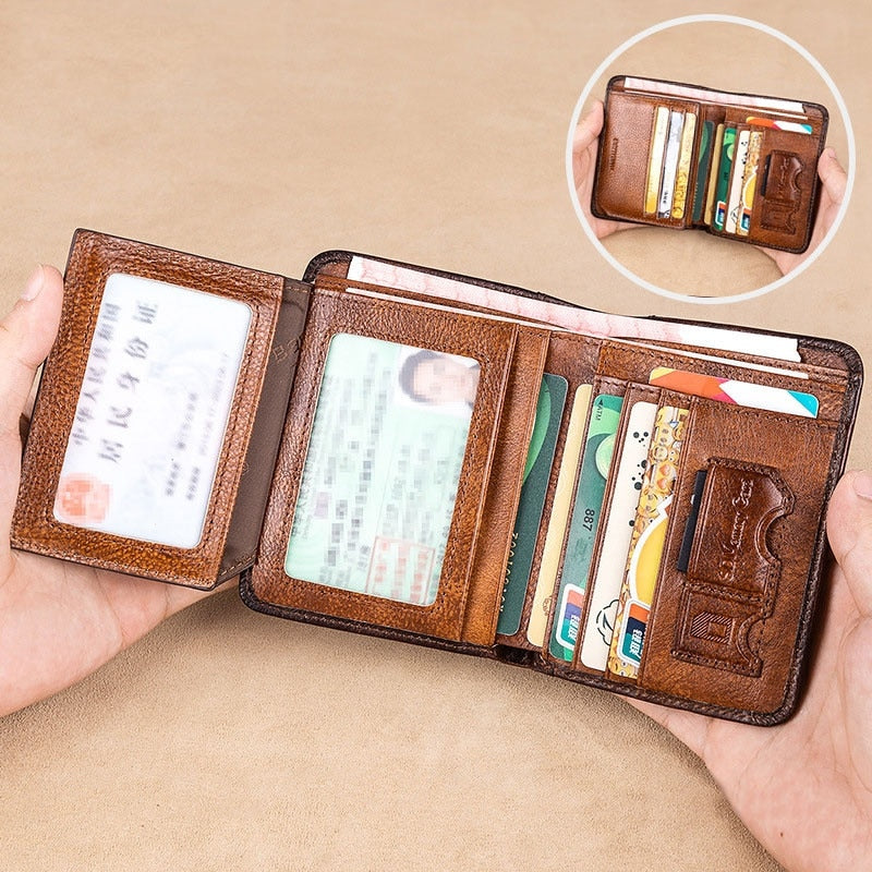 Genuine Leather Rfid Protection Wallets for Men Vintage Thin Short Multi Function ID Credit Card Holder Money Bag | TageUnlimited