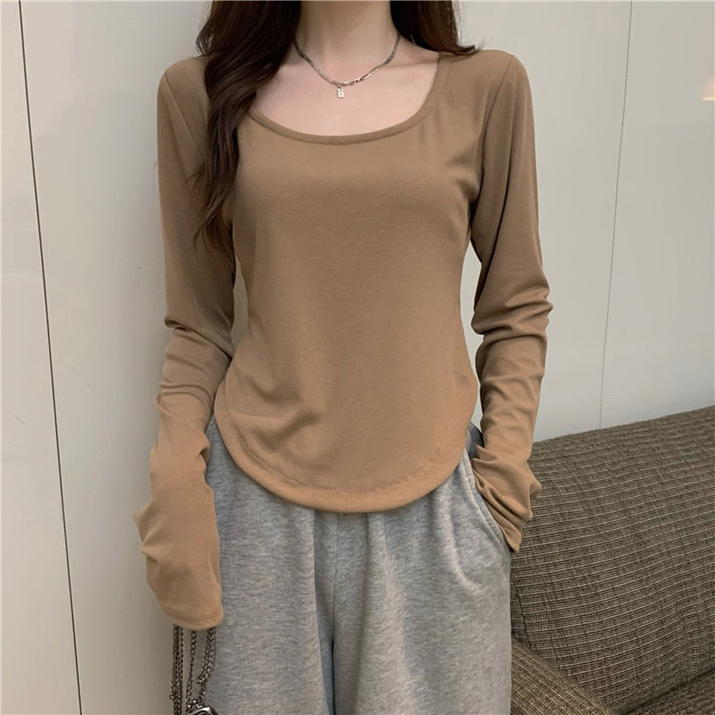 Women Long Sleeve Square Neck T-Shirt Spring And Autumn New Irregular Hem Slim Casual Top Girl Bottom Shirts | TageUnlimited