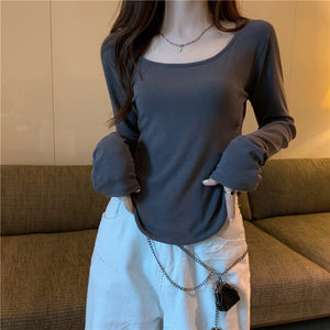 Women Long Sleeve Square Neck T-Shirt Spring And Autumn New Irregular Hem Slim Casual Top Girl Bottom Shirts | TageUnlimited