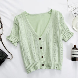 Women Knitted T-shirts V-Neck Button Up Tops Roupas Feminina Short Sleeve Tees Casual T-Shirts For Women  Summer | TageUnlimited
