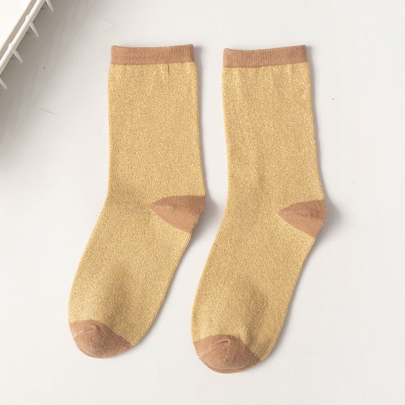 Women's style gold and silver silk material women's fashion socks solid color glitter shiny high elastic fashionable sock | TageUnlimited