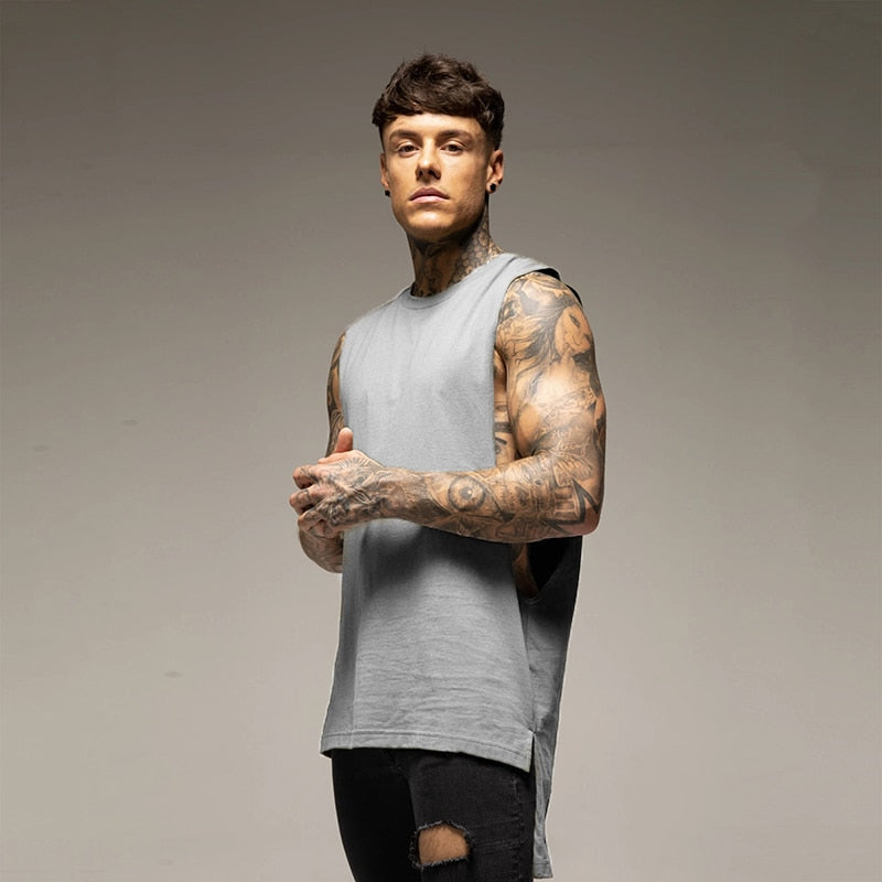 Mens Casual Fashion Tank Top Gym Fitness Workout Cotton Sleeveless Shirt Summer Clothing Male Extend Long Singlet Hip Hop Vest | TageUnlimited