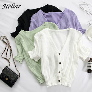 Women Knitted T-shirts V-Neck Button Up Tops Roupas Feminina Short Sleeve Tees Casual T-Shirts For Women  Summer | TageUnlimited