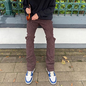 Back Ankle Zipper Spliced Straight Flare Pants Mens High Street Washed Retro Loose Casual Jeans Hip Hop Denim Trousers | TageUnlimited