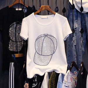 T-shirts women  summer new Fashion motion ball cap decoration Hot diamonds female clothes tees short sleeve tops Pullovers | TageUnlimited