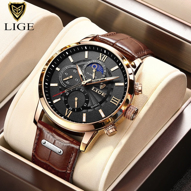 New Mens Watches LIGE Top Brand Luxury Leather Casual Quartz Watch Mens Sport Waterproof Clock Watch Relogio Masculino+Box | TageUnlimited
