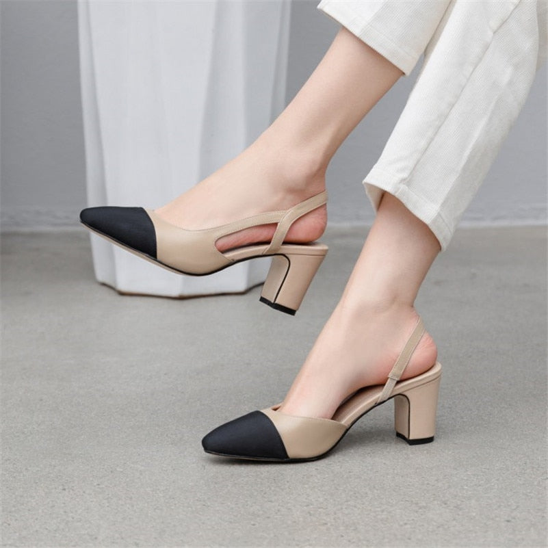 Meotina Low Heels Real Leather Slingbacks Shoes Women Square Toe Pumps Thick Heel Shoes Brand Design Lady Footwear | TageUnlimited