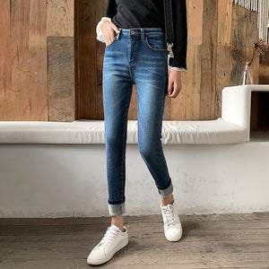 Winter Thick Velvet Women High Waist Skinny Jeans Simple Fleece Warm Slim fit Stretch Ladies Casual Denim Pencil Pants | TageUnlimited