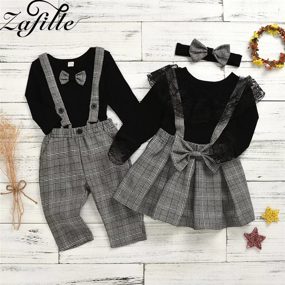 Brother Sister Matching Outfits For Girls and Baby Boy Clothes Set Top+Overalls With Necktie Kids Toddler Girls Clothes | Kid's matching sets | TageUnlimited