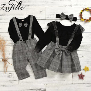 Brother Sister Matching Outfits For Girls and Baby Boy Clothes Set Top+Overalls With Necktie Kids Toddler Girls Clothes | Kid's matching sets | TageUnlimited