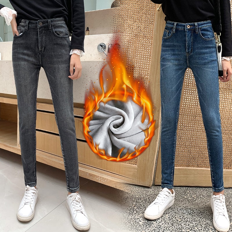 Winter Thick Velvet Women High Waist Skinny Jeans Simple Fleece Warm Slim fit Stretch Ladies Casual Denim Pencil Pants | TageUnlimited