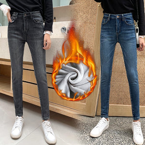 Winter Thick Velvet Women High Waist Skinny Jeans Simple Fleece Warm Slim fit Stretch Ladies Casual Denim Pencil Pants | TageUnlimited
