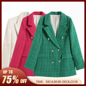 Women Fashion Double Breasted Houndstooth Blazer Coat Vintage Long Sleeve Flap Pockets Female Outerwear Chic Vestes