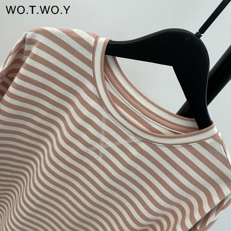 Summer Short Sleeve Striped T-Shirts Women Knitted Basic Casual Tops Female Cozy Loose Cotton Tees Harajuku Shirt | TageUnlimited