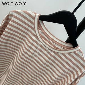 Summer Short Sleeve Striped T-Shirts Women Knitted Basic Casual Tops Female Cozy Loose Cotton Tees Harajuku Shirt | TageUnlimited