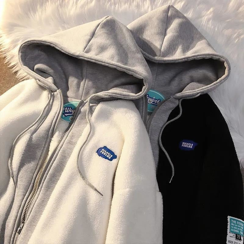Winter Thick Warm Padded Women's Jackets Lambwool Patchwork Hoodies Solid Color Retro Loose Hooded Sweatshirt Sweater | TageUnlimited