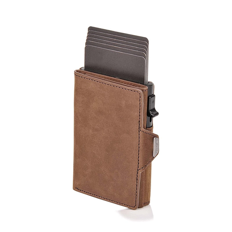 Vintage Crazy Horse Leather Men Wallets Luxury  RFID Protection Mini Metal Wallet  Zipper Coin Pocket  for Men and Women | TageUnlimited
