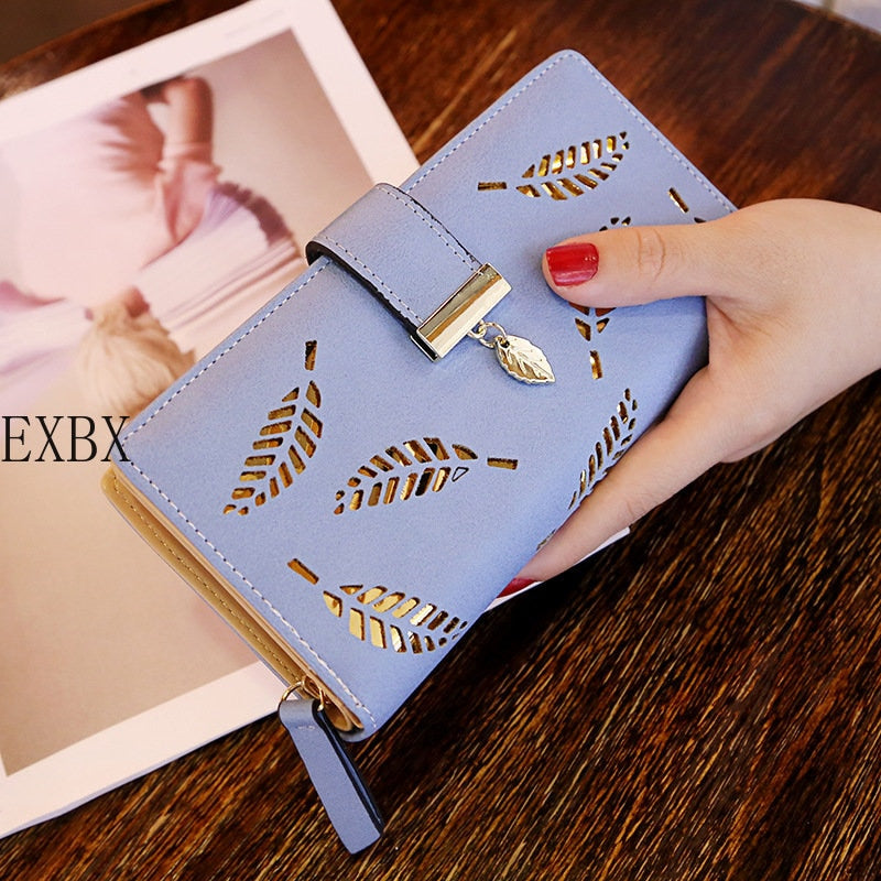 EXBX Women Wallet Hollow Golden Leaf Buckle Wallet PU Leather Purse Female Long Wallet for Women Coin Purse Card Holders Clutch | TageUnlimited