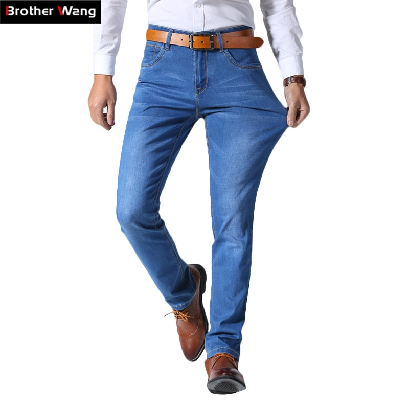 Brother Wang Classic Style Men Brand Jeans Business Casual Stretch Slim Denim Pants Light Blue Black Trousers Male | TageUnlimited