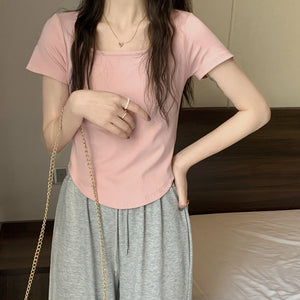 Women Long Sleeve Square Neck T-Shirt Spring And Autumn New Irregular Hem Slim Casual Top Girl Bottom Shirts | TageUnlimited