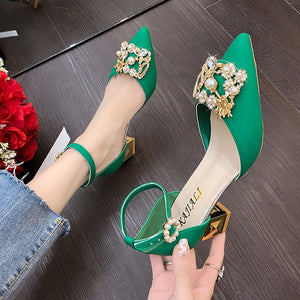 Bling Crystal High Heels Pumps Women Elegant Pearl Buckle Square Heels Wedding Party Shoes Ladies Pointed Toe Ankle Strap Pumps | TageUnlimited