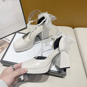 Ladies High Heels Elegant Bow Square Toe Black Fashion Women's Pumps Thick Heel Wedding Party Pearl Lace Wedding Shoes for Women | TageUnlimited