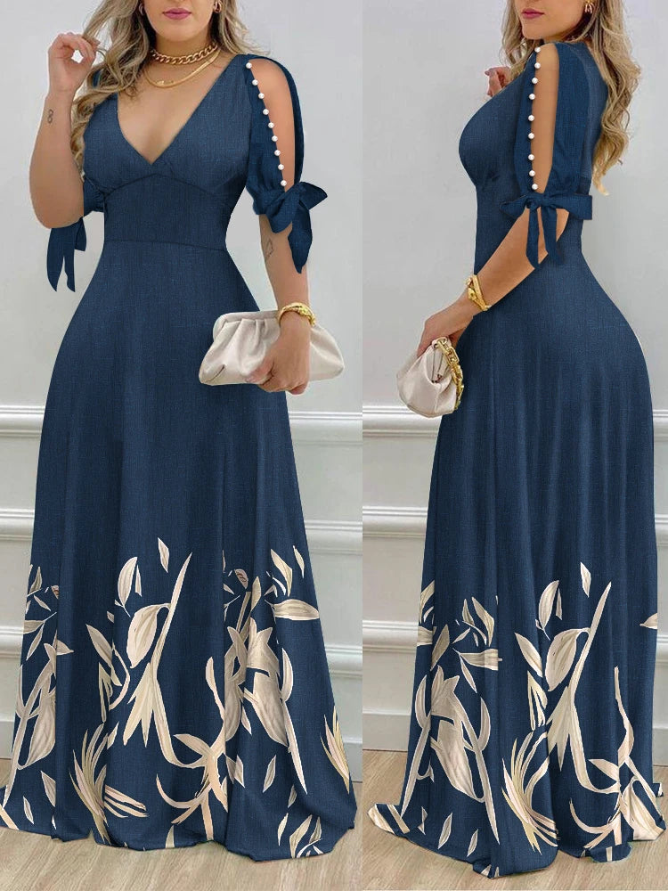 Elegant Women's Dresses Summer Fashion Split Sleeve Pearls Decor Plants Print Split Sleeve Casual V-Neck Half Sleeve Maxi Dress