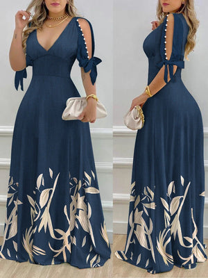 Elegant Women's Dresses Summer Fashion Split Sleeve Pearls Decor Plants Print Split Sleeve Casual V-Neck Half Sleeve Maxi Dress
