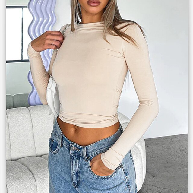 Long Sleeve Y2K Slim Fit Shirt Women Casual Streetwear Basic Tee Fashion Cropped Tops O Neck Sexy Skinny Solid Ladies T Shirts | TageUnlimited