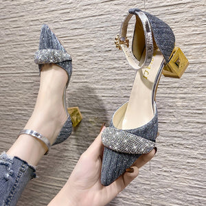 Bling Crystal High Heels Pumps Women Elegant Pearl Buckle Square Heels Wedding Party Shoes Ladies Pointed Toe Ankle Strap Pumps | TageUnlimited