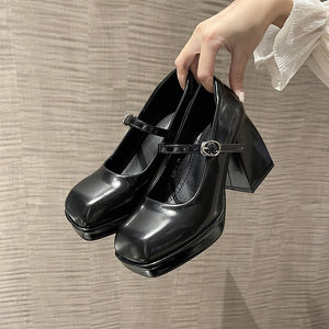Ladies High Heels Elegant Bow Square Toe Black Fashion Women's Pumps Thick Heel Wedding Party Pearl Lace Wedding Shoes for Women | TageUnlimited