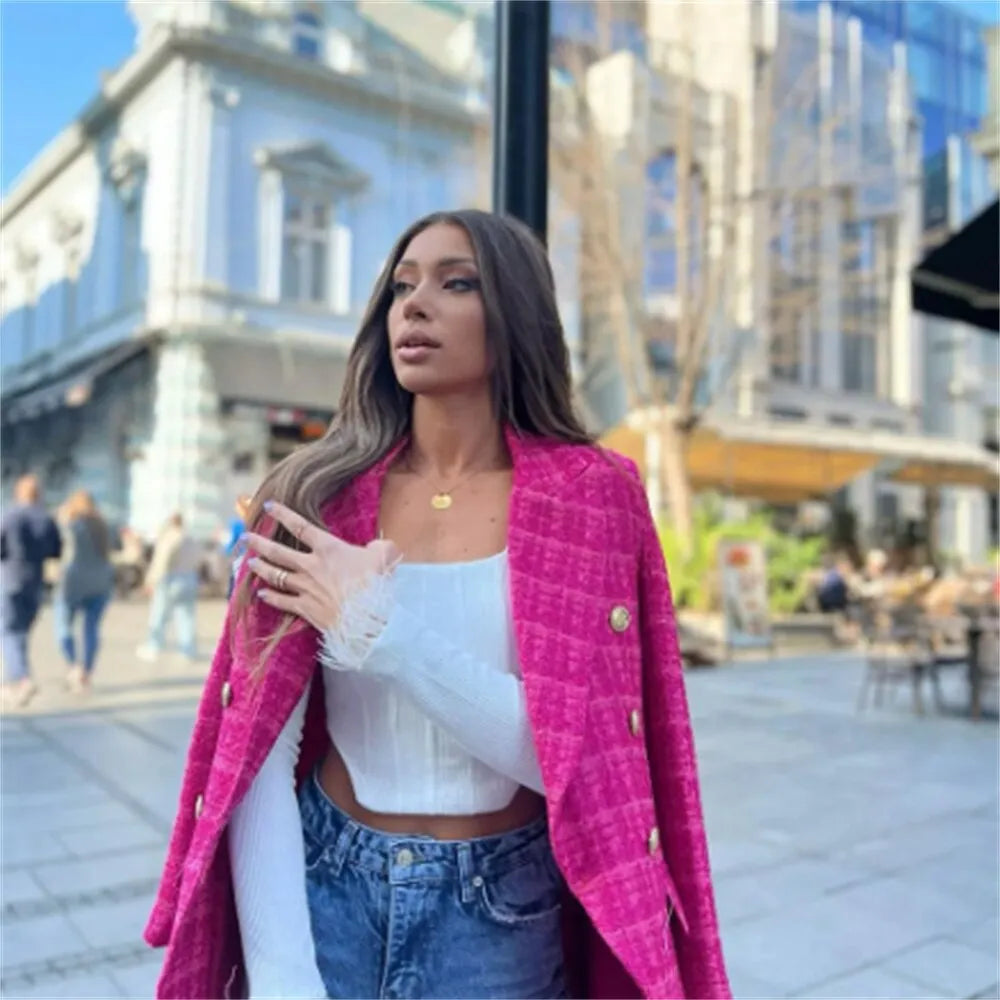 Women Fashion Double Breasted Houndstooth Blazer Coat Vintage Long Sleeve Flap Pockets Female Outerwear Chic Vestes
