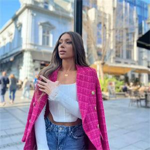 Women Fashion Double Breasted Houndstooth Blazer Coat Vintage Long Sleeve Flap Pockets Female Outerwear Chic Vestes