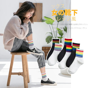 LGBT Striped Fashion Korean Streetwear Women Rainbow Socks Warm Funny Candy White Black Short Winter Cotton Sport Socks