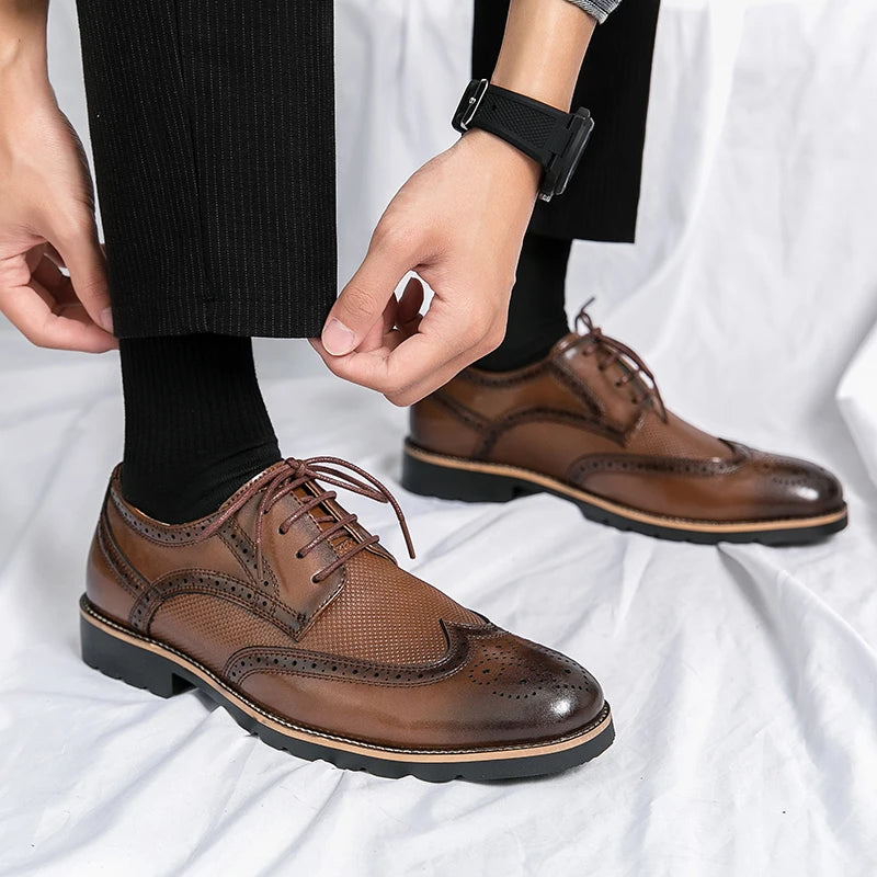 Handmade Mens Wingtip Oxford Shoes Grey Leather Brogue Men's Dress Shoes Classic Business Formal Shoes for Men Zapatillas Hombre