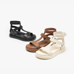 Summer Gladiator Sandals Women Calfskin Leather Open Toe T-bar Strap Hook &amp; Loop  Summer Ladies Shoes Handmade | TageUnlimited