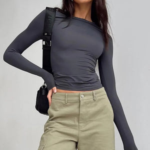 Long Sleeve Y2K Slim Fit Shirt Women Casual Streetwear Basic Tee Fashion Cropped Tops O Neck Sexy Skinny Solid Ladies T Shirts | TageUnlimited