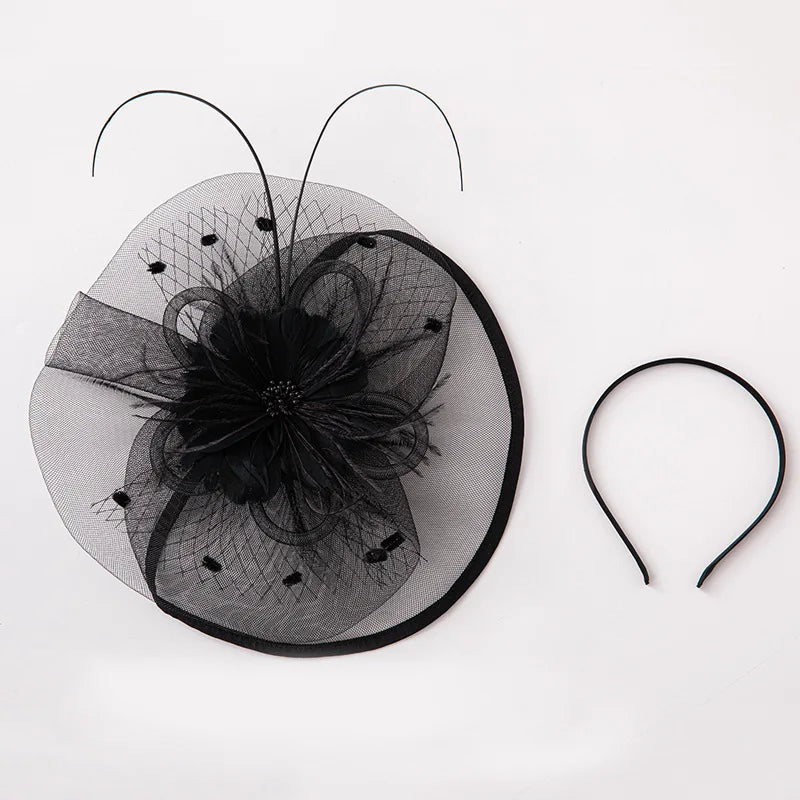 Fascinators for Women Elegant Headwear Kentucky Derby Hat Fashion Feather Headpiece Mesh Veil Hairbands Chic Ladies Wedding Hats