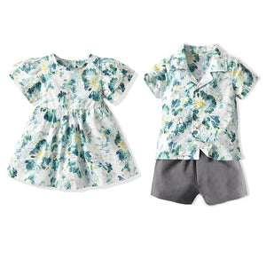 Summer Fashion Flower Kids Boy and Girl Matching Outfits Twin Brother Sister Hawaiian Print Toddler Boy Clothing Sets Tutu Dress